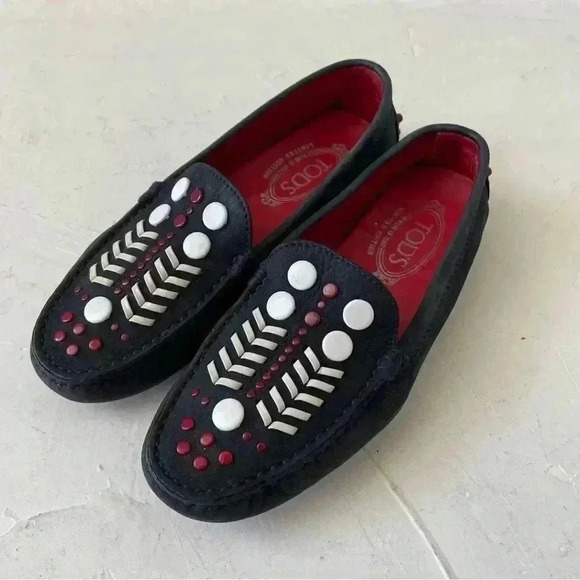 Tod's Gommini Embellished Suede Loafer Dark Navy Red Size 35 - Picture 1 of 12